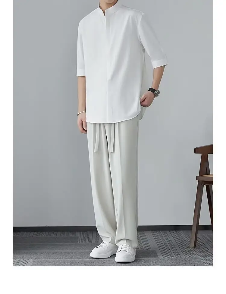 Men's White Collar Shirt with Short Sleeve Ice Silk — feature 16