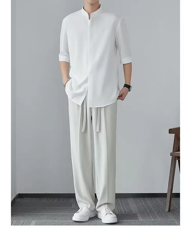 Men's White Collar Shirt with Short Sleeve Ice Silk — feature 17