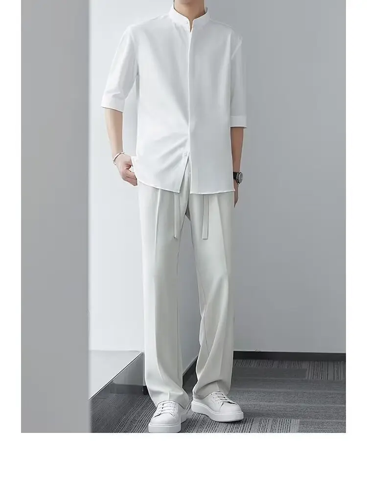 Men's White Collar Shirt with Short Sleeve Ice Silk — feature 18