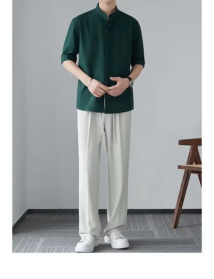 Men's White Collar Shirt with Short Sleeve Ice Silk — feature 21