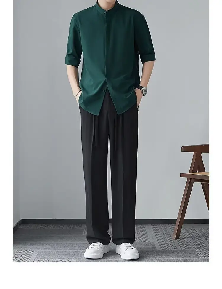 Men's White Collar Shirt with Short Sleeve Ice Silk — feature 24