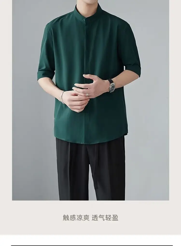 Men's White Collar Shirt with Short Sleeve Ice Silk — feature 25