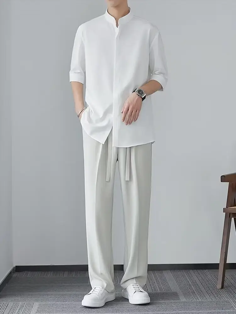 Men's White Collar Shirt with Short Sleeve Ice Silk — feature 5