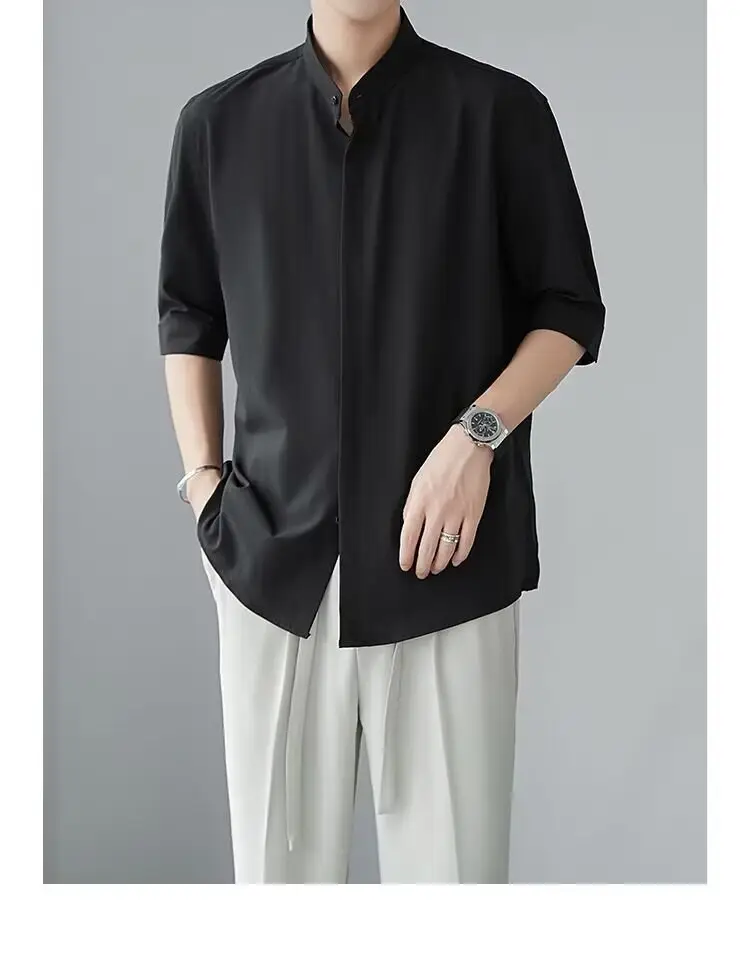 Men's White Collar Shirt with Short Sleeve Ice Silk — feature 6