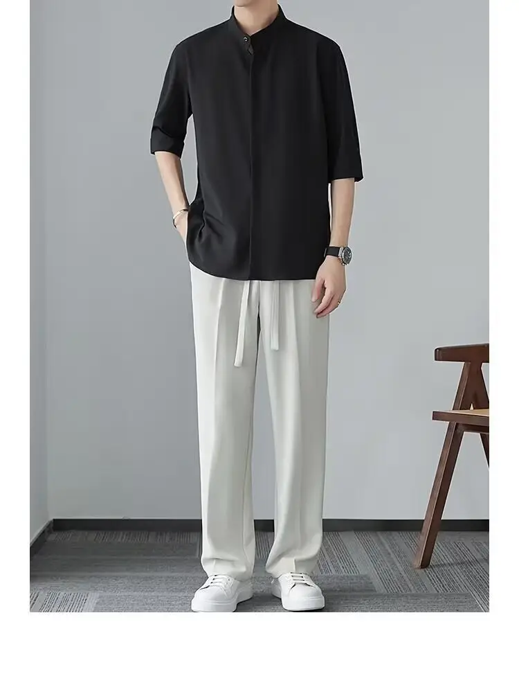 Men's White Collar Shirt with Short Sleeve Ice Silk — feature 9