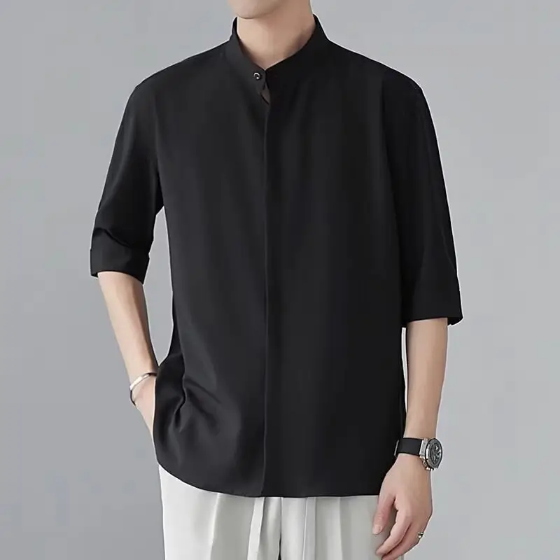 Men's White Collar Shirt with Short Sleeve Ice Silk - Image 3
