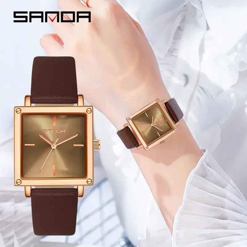 Sanda Women's Square Watch Brown Leather Quartz Waterproof - Image 6