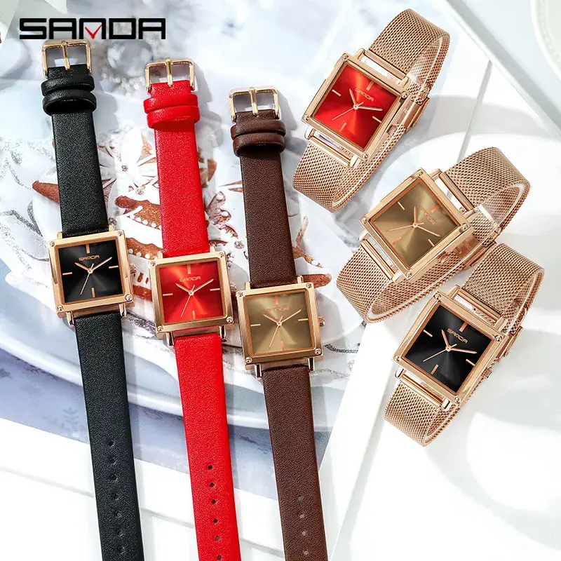 Sanda Women's Square Watch Brown Leather Quartz Waterproof - Image 7