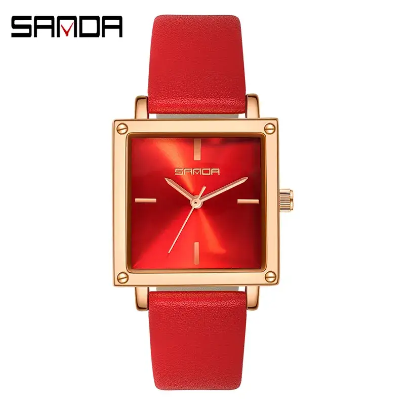 Sanda Women's Square Watch Brown Leather Quartz Waterproof - Image 2