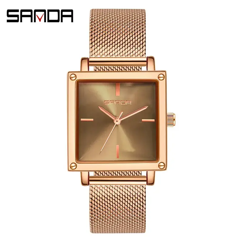 Sanda Women's Square Watch Brown Leather Quartz Waterproof - Image 3