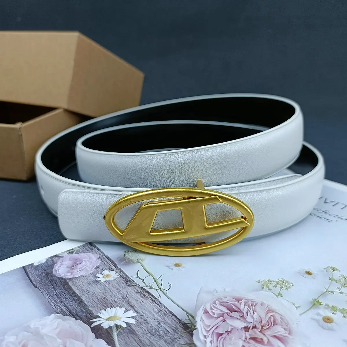 White Leather Belt with Logo Buckle for Women — feature 25