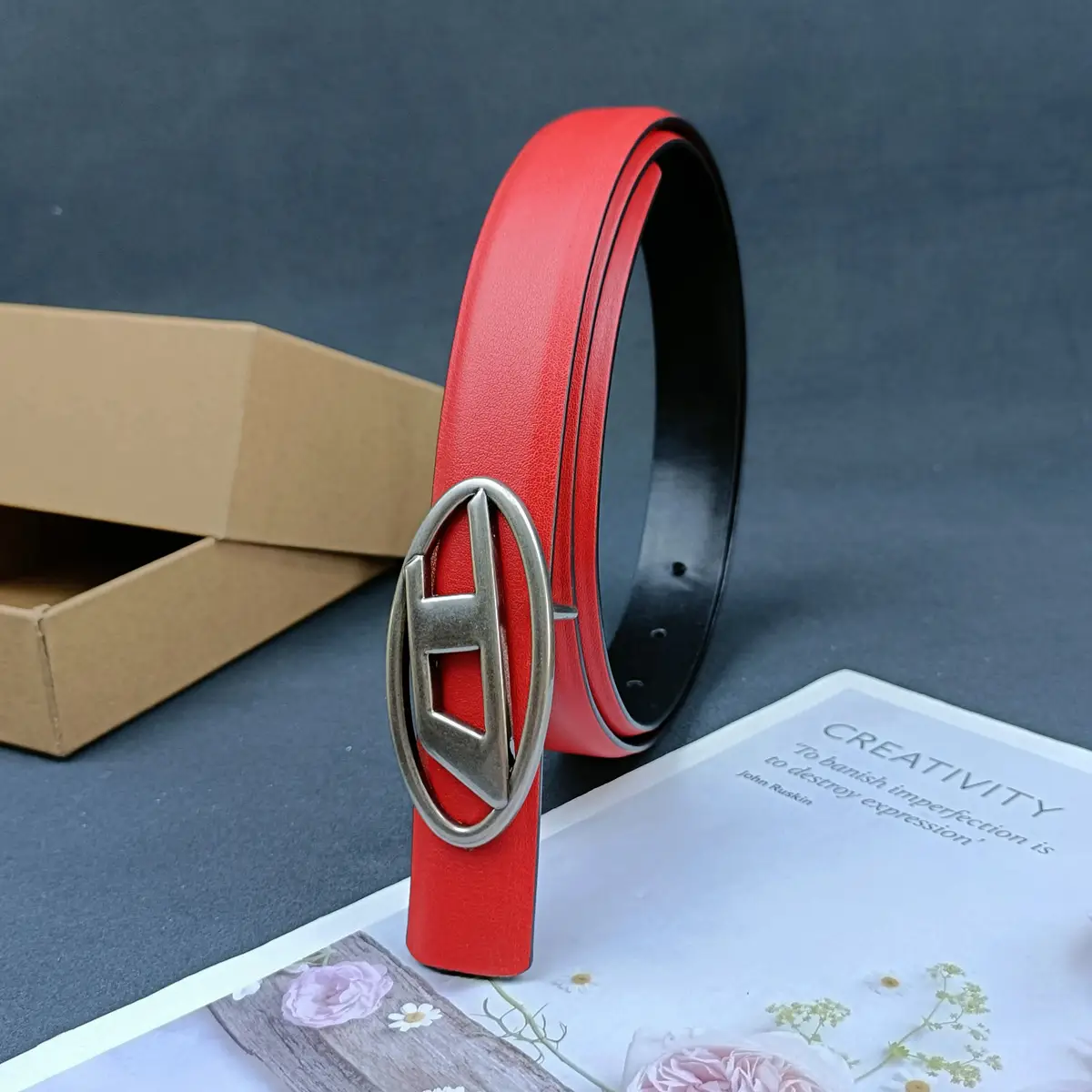 White Leather Belt with Logo Buckle for Women — feature 43