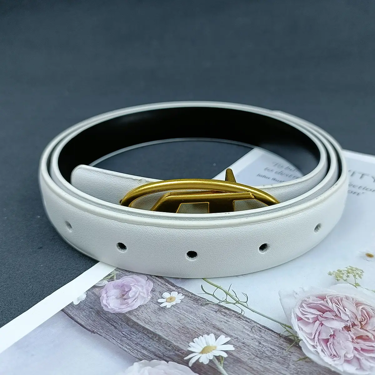 White Leather Belt with Logo Buckle for Women - Image 2