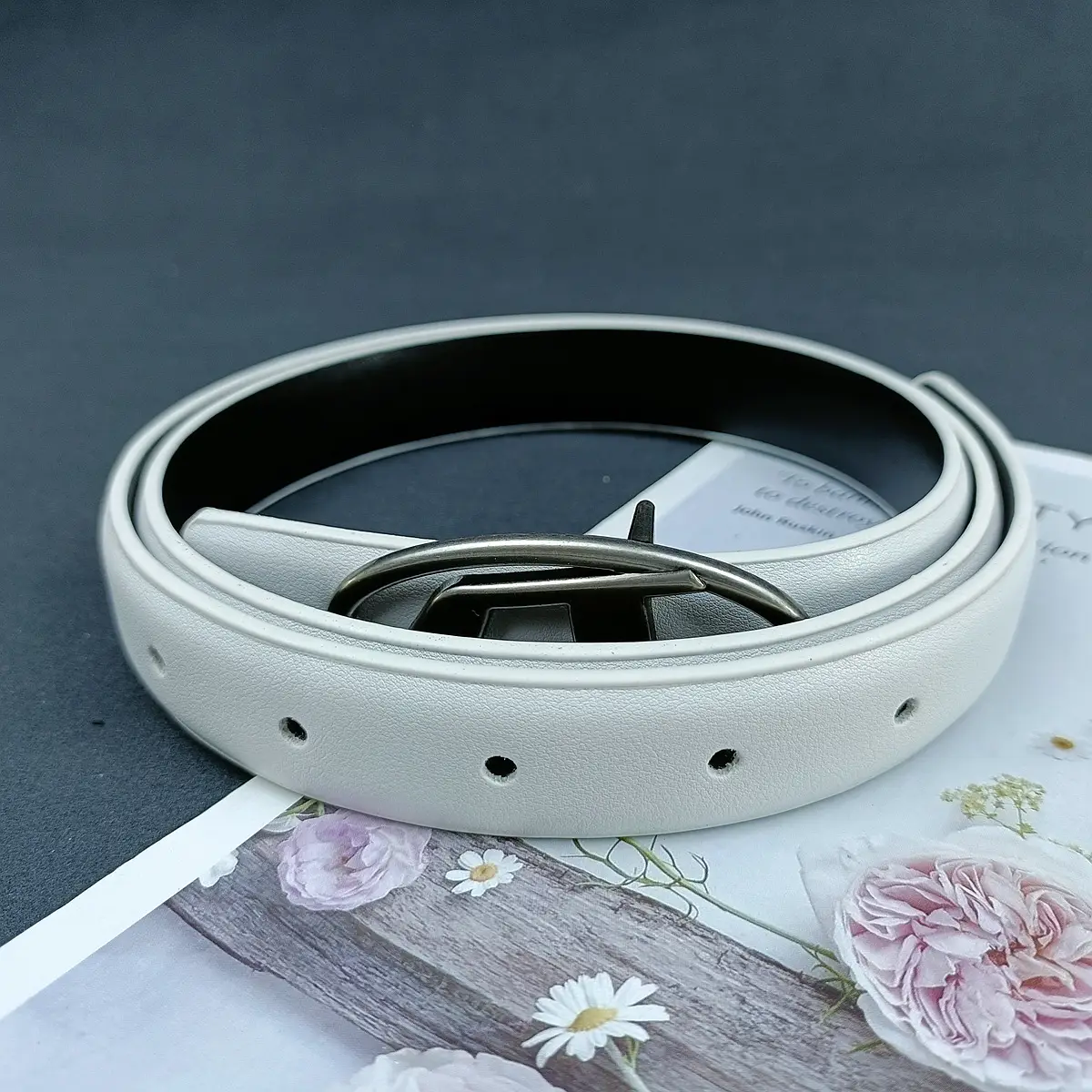 White Leather Belt with Logo Buckle for Women - Image 8