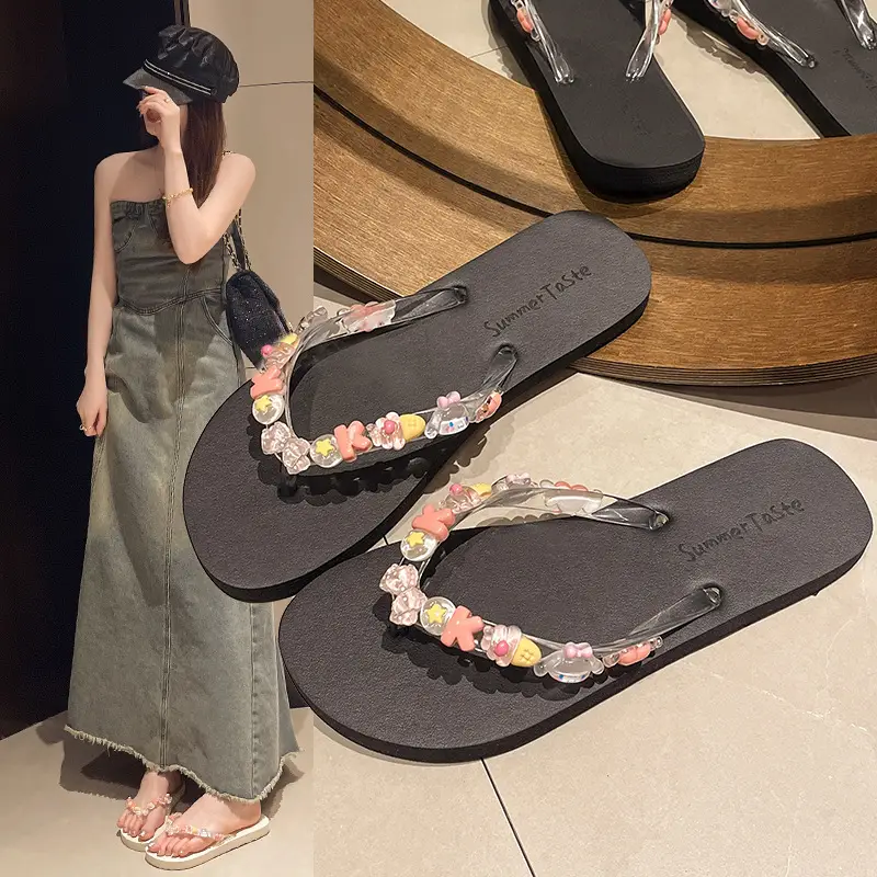 DIY Flip Flops Women's Summer Indoor Beach Shoes for Seaside Exterior Wear Dung-feeling Cute Bathing Transparent Flower Non-slip - Image 9