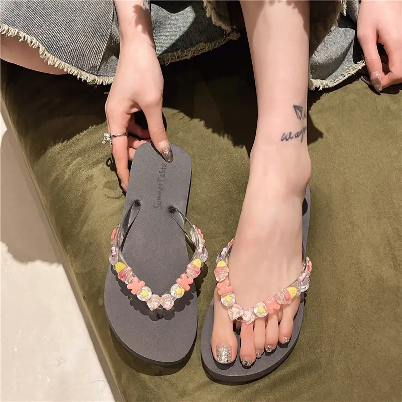 DIY Flip Flops Women's Summer Indoor Beach Shoes for Seaside Exterior Wear Dung-feeling Cute Bathing Transparent Flower Non-slip - Image 10