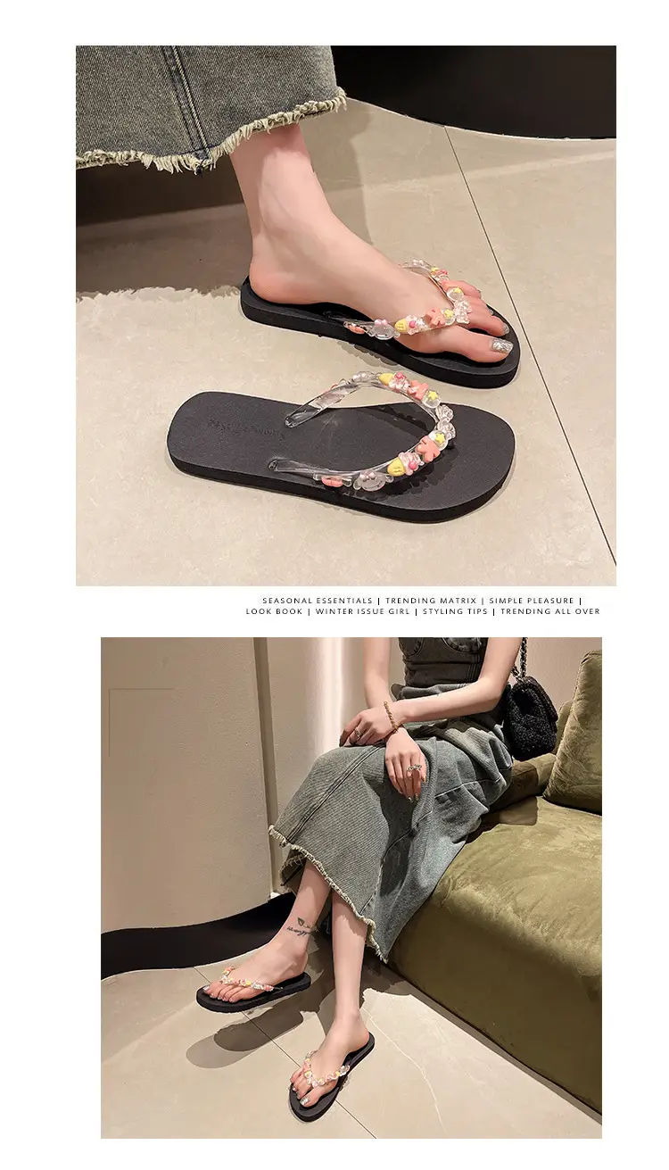 DIY Flip Flops Women's Summer Indoor Beach Shoes for Seaside Exterior Wear Dung-feeling Cute Bathing Transparent Flower Non-slip — feature 5