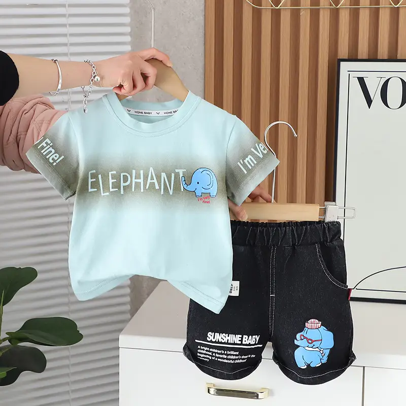 Baby Elephant T-Shirt Shorts Set Summer White Blue Black - Image 4