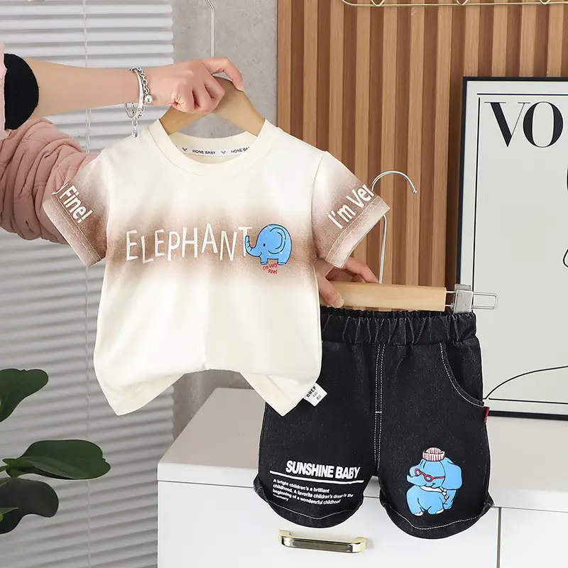 Baby Elephant T-Shirt Shorts Set Summer White Blue Black - Image 5