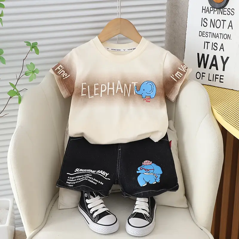 Baby Elephant T-Shirt Shorts Set Summer White Blue Black - Image 2
