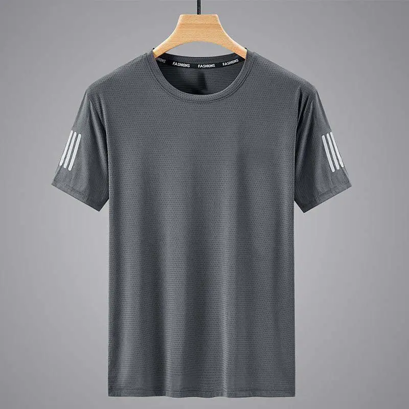 Men Black Ice Silk Crewneck T-Shirt Short Sleeve