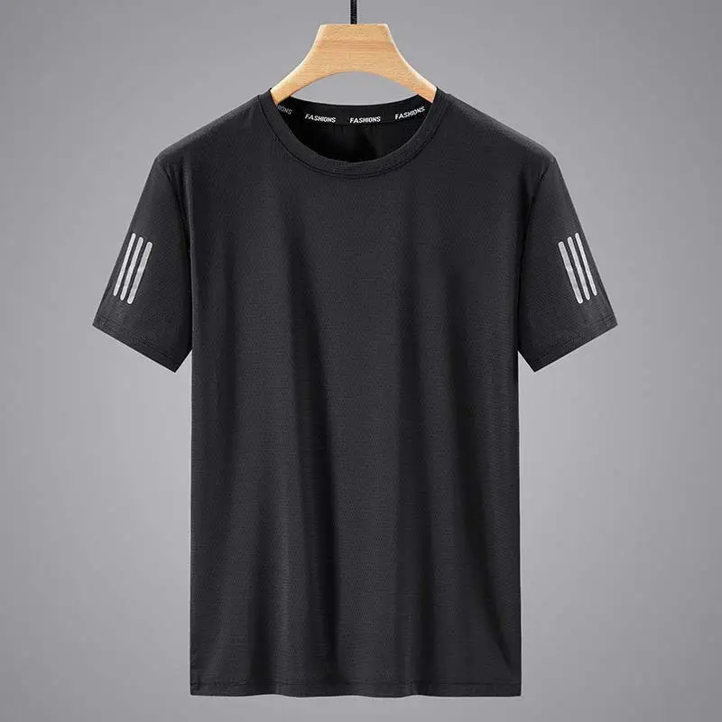 Men Black Ice Silk Crewneck T-Shirt Short Sleeve
