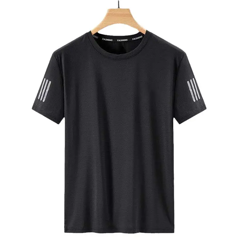 Men Black Ice Silk Crewneck T-Shirt Short Sleeve