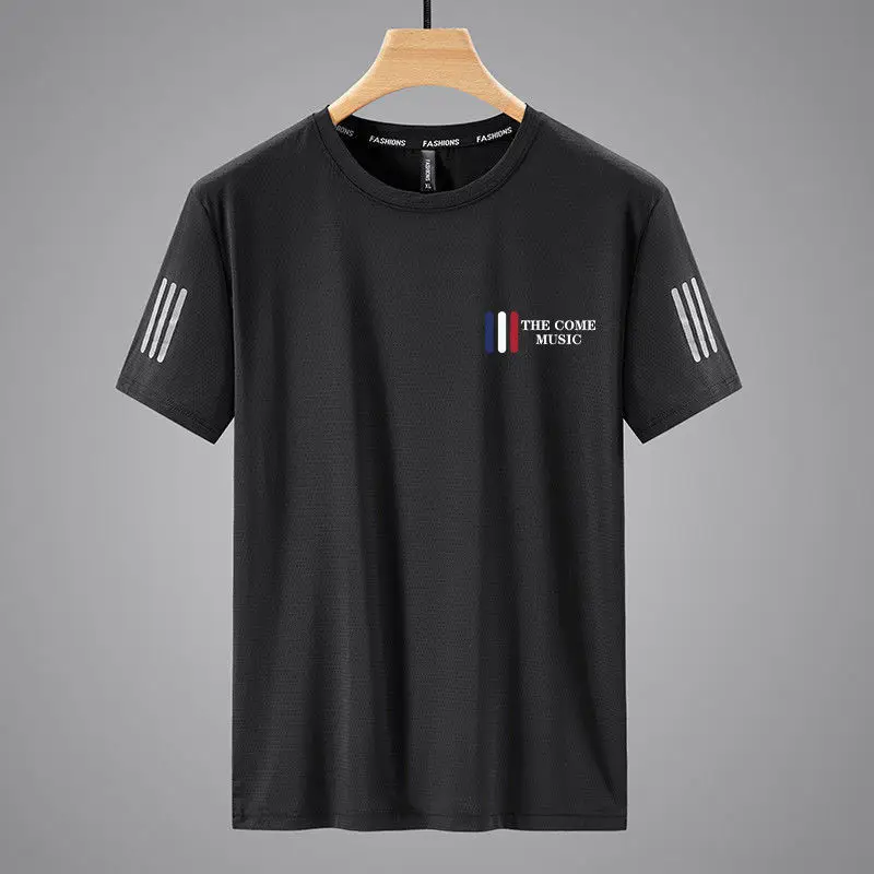 Men Black Ice Silk Crewneck T-Shirt Short Sleeve