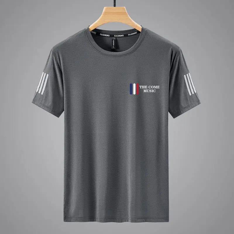 Men Black Ice Silk Crewneck T-Shirt Short Sleeve