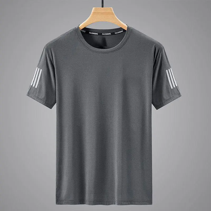 Men Black Ice Silk Crewneck T-Shirt Short Sleeve