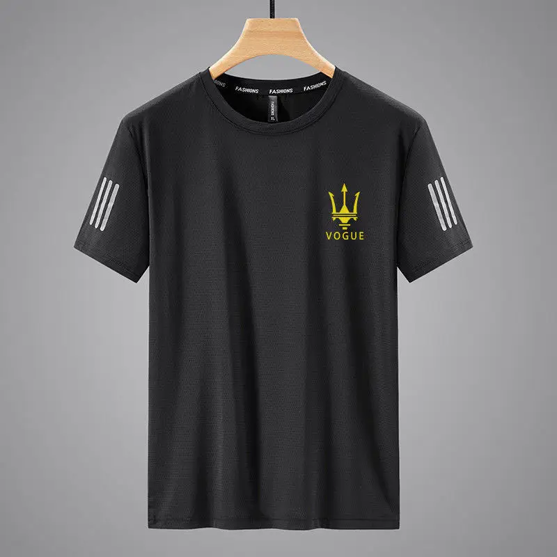 Men Black Ice Silk Crewneck T-Shirt Short Sleeve