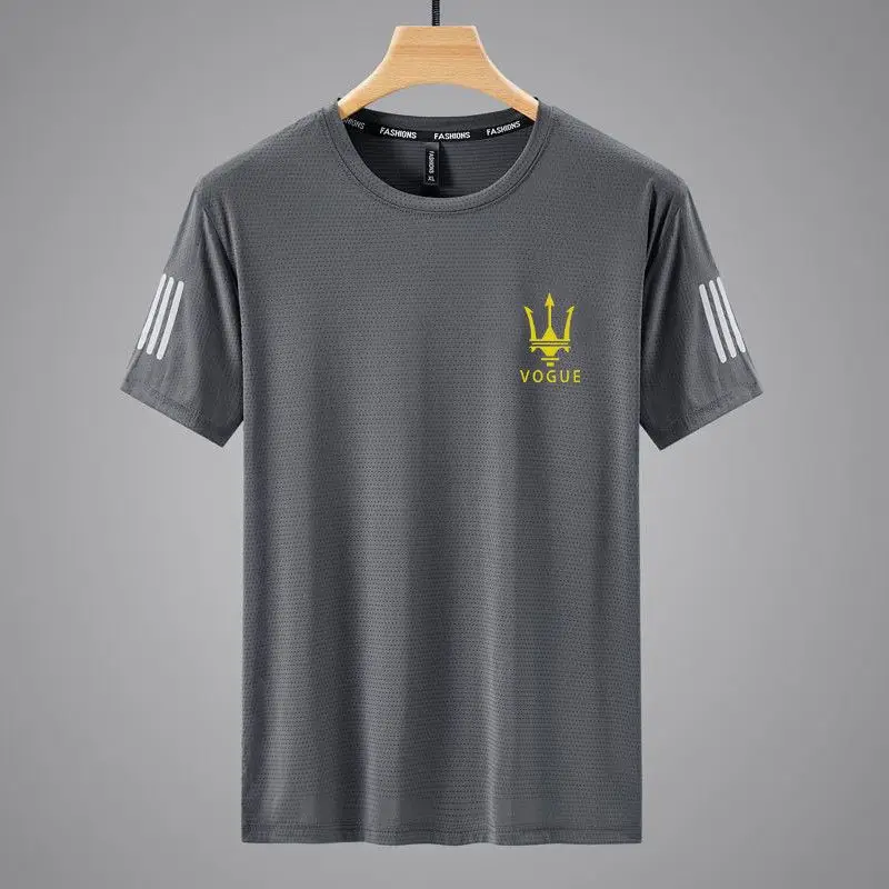 Men Black Ice Silk Crewneck T-Shirt Short Sleeve
