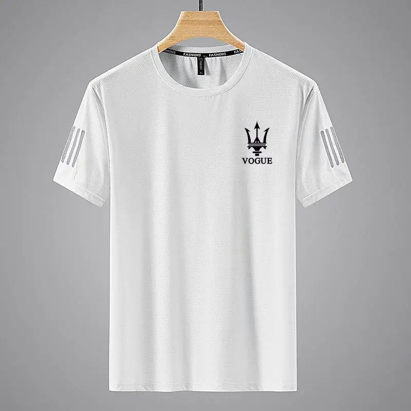 Men Black Ice Silk Crewneck T-Shirt Short Sleeve