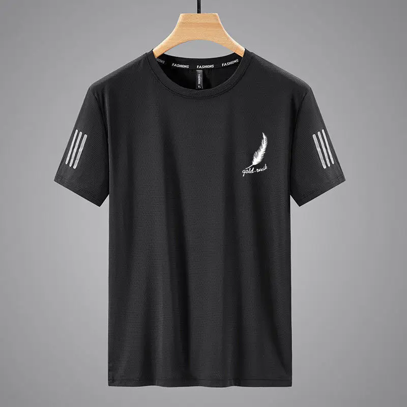 Men Black Ice Silk Crewneck T-Shirt Short Sleeve