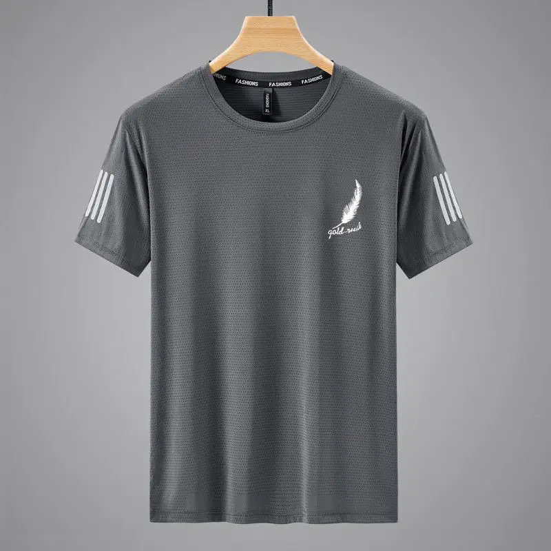 Men Black Ice Silk Crewneck T-Shirt Short Sleeve