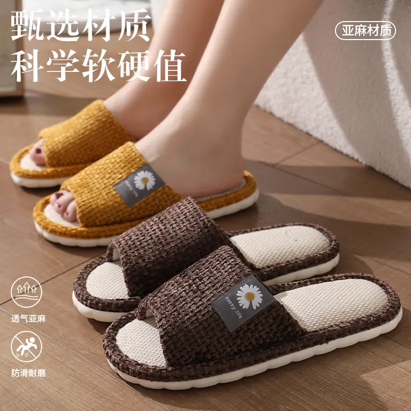 in stock Linen Slippers Thick Bottom Men's and Women's Four Seasons Household Couple's Indoor Silent Cotton Linen Floor Home Sandals