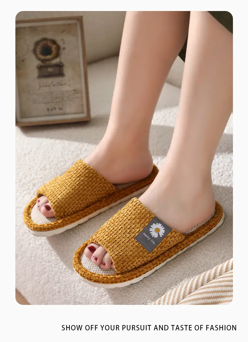 in stock Linen Slippers Thick Bottom Men's and Women's Four Seasons Household Couple's Indoor Silent Cotton Linen Floor Home Sandals — feature 10