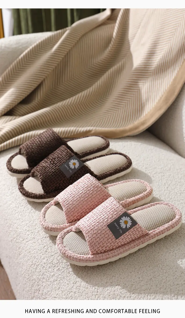 in stock Linen Slippers Thick Bottom Men's and Women's Four Seasons Household Couple's Indoor Silent Cotton Linen Floor Home Sandals — feature 11