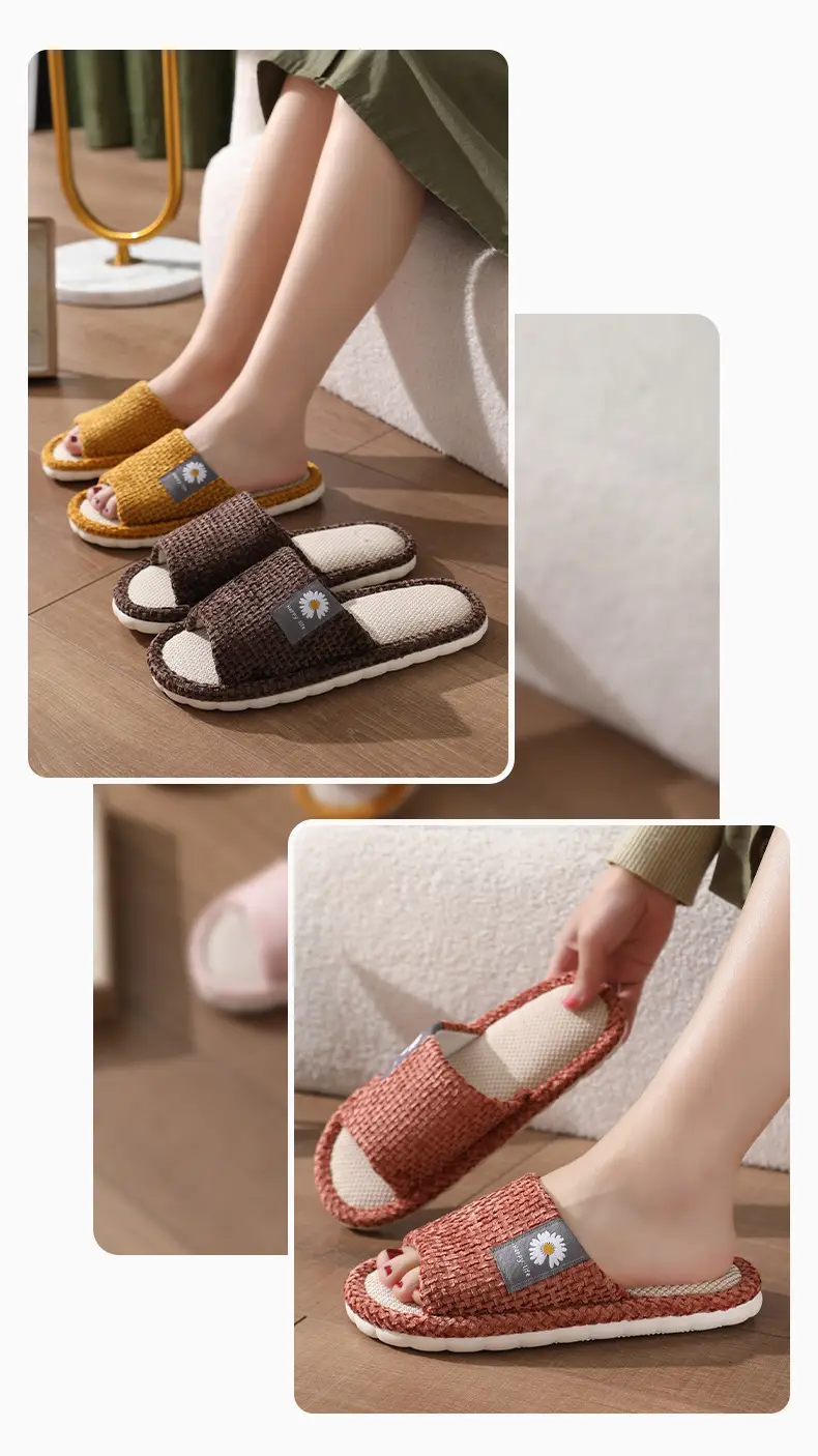 in stock Linen Slippers Thick Bottom Men's and Women's Four Seasons Household Couple's Indoor Silent Cotton Linen Floor Home Sandals — feature 12
