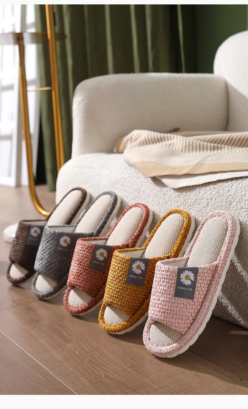 in stock Linen Slippers Thick Bottom Men's and Women's Four Seasons Household Couple's Indoor Silent Cotton Linen Floor Home Sandals — feature 13