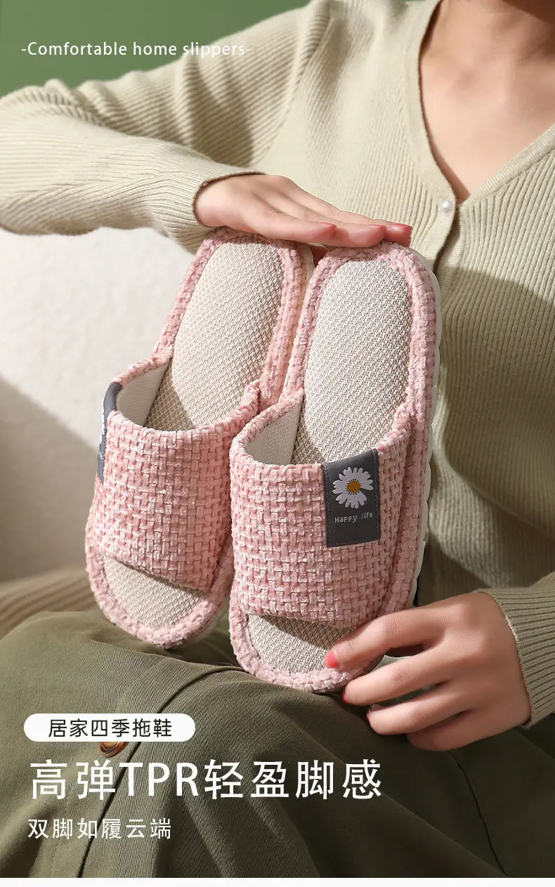 in stock Linen Slippers Thick Bottom Men's and Women's Four Seasons Household Couple's Indoor Silent Cotton Linen Floor Home Sandals — feature 2