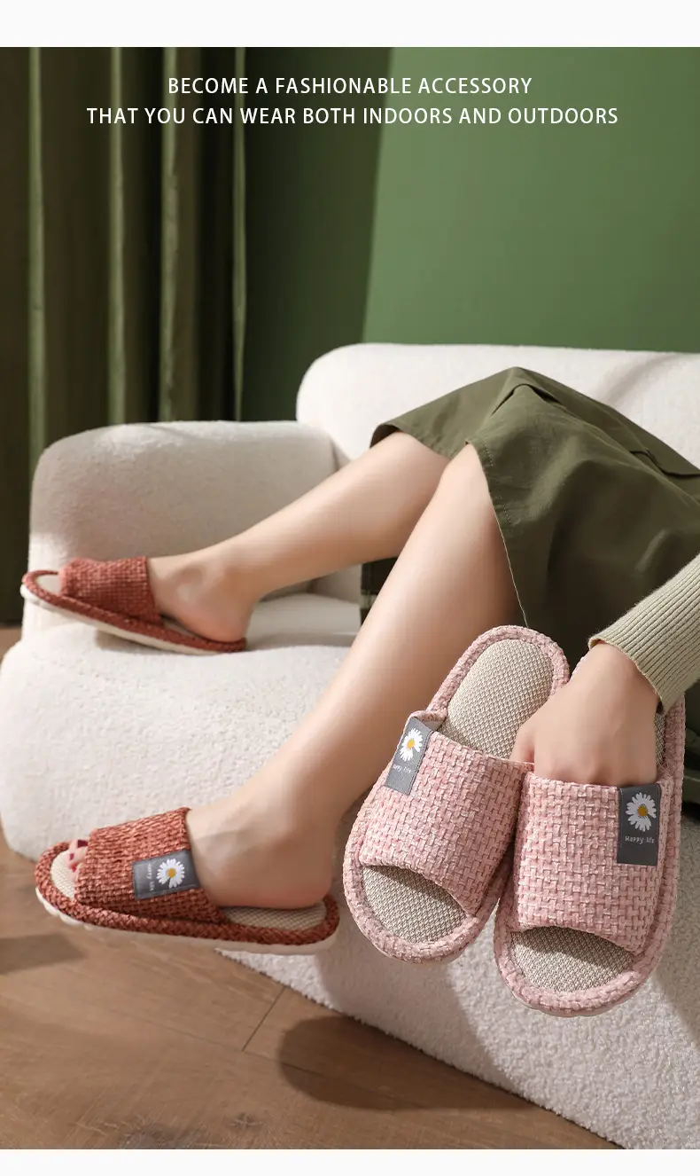 in stock Linen Slippers Thick Bottom Men's and Women's Four Seasons Household Couple's Indoor Silent Cotton Linen Floor Home Sandals — feature 9