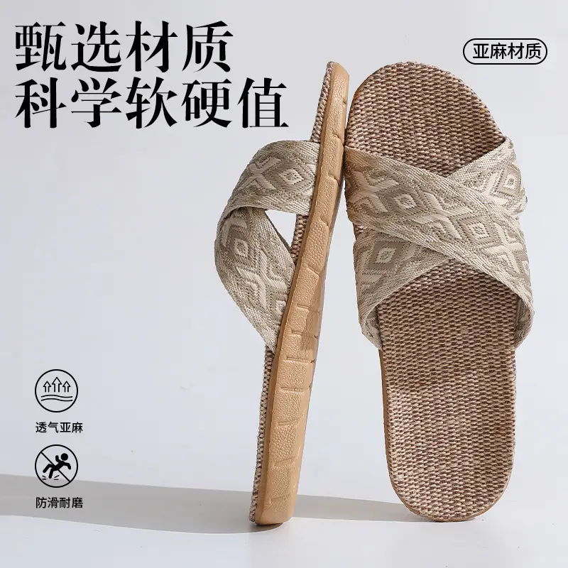 in stock Linen Slippers Thick Bottom Men's and Women's Four Seasons Household Couple's Indoor Silent Cotton Linen Floor Home Sandals