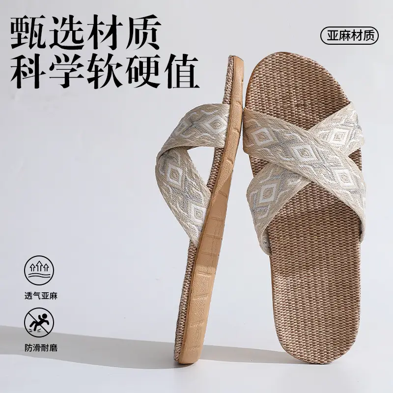 in stock Linen Slippers Thick Bottom Men's and Women's Four Seasons Household Couple's Indoor Silent Cotton Linen Floor Home Sandals