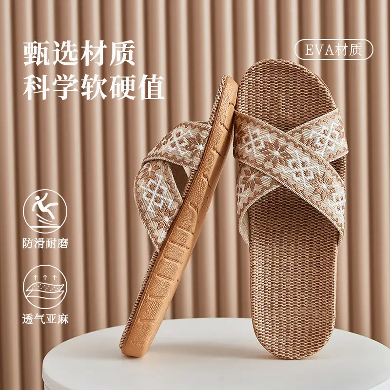 in stock Linen Slippers Thick Bottom Men's and Women's Four Seasons Household Couple's Indoor Silent Cotton Linen Floor Home Sandals