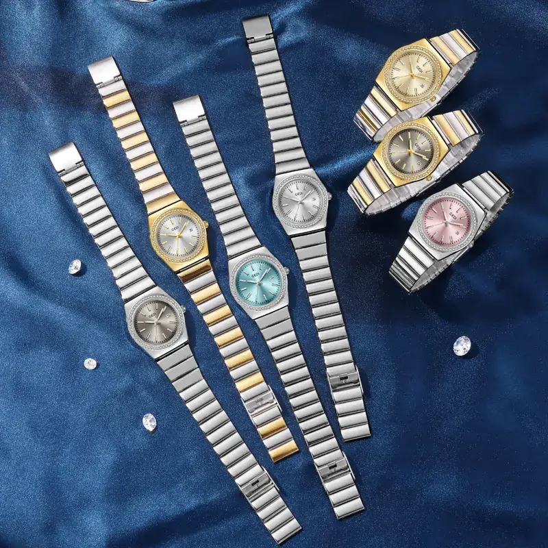 Women's Gold Diamond-Encrusted Quartz Watch with Bamboo Band