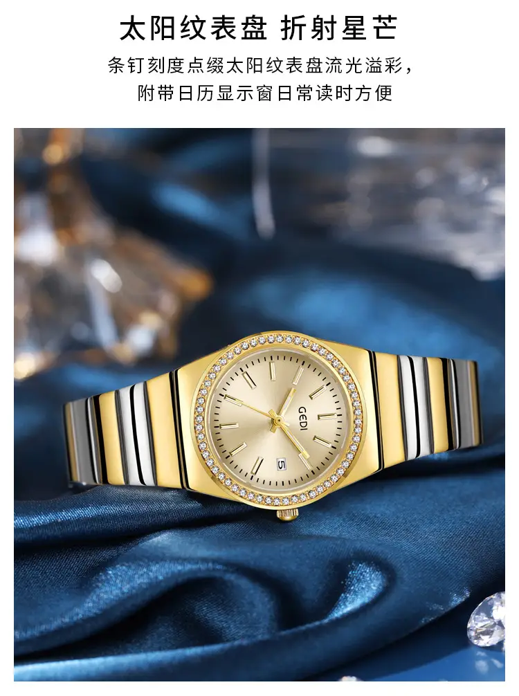 Women's Gold Diamond-Encrusted Quartz Watch with Bamboo Band — feature 3