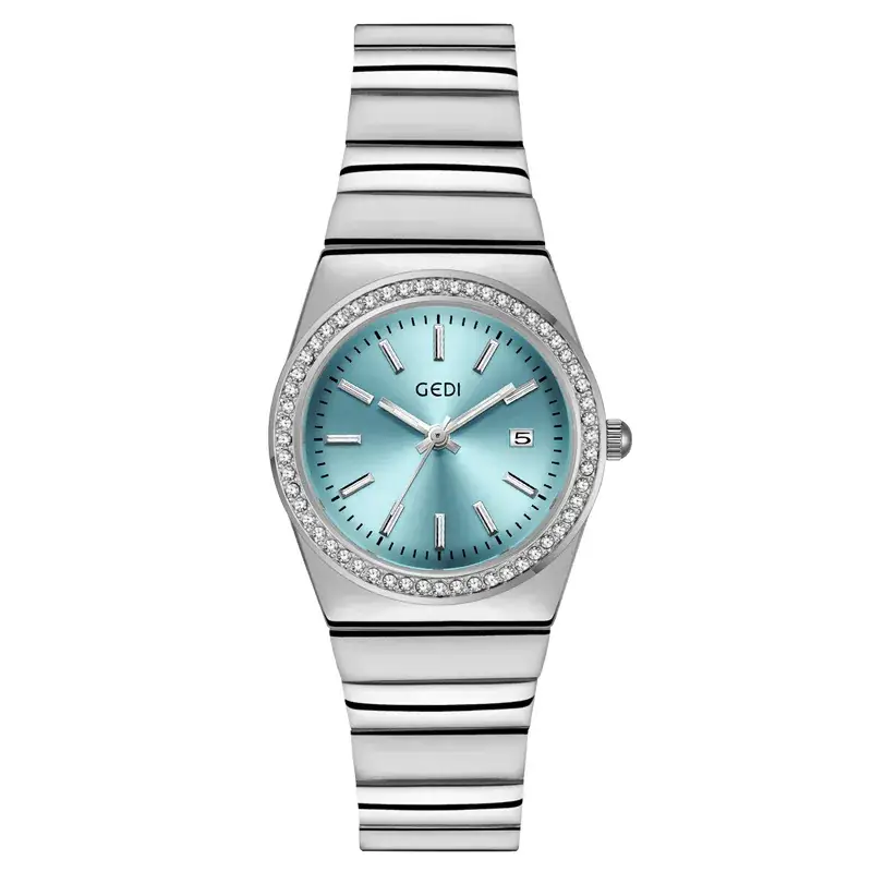 Women's Gold Diamond-Encrusted Quartz Watch with Bamboo Band