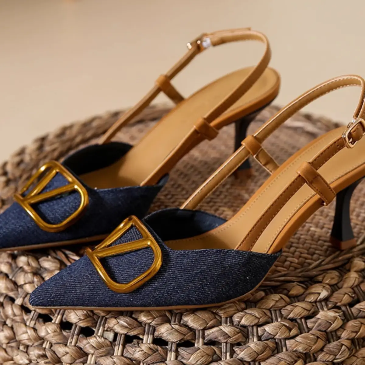 2024 Women's Blue Pointed Toe Stiletto Sandals with Buckle - Image 4
