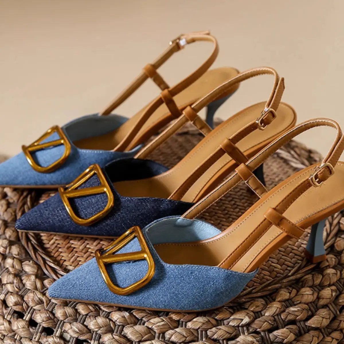 2024 Women's Blue Pointed Toe Stiletto Sandals with Buckle - Image 6